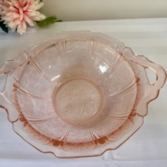 Jeanette Glass Cherry Blossom Pink Depression Bowl Two-Handled Floral Dish - Picture 3 of 6